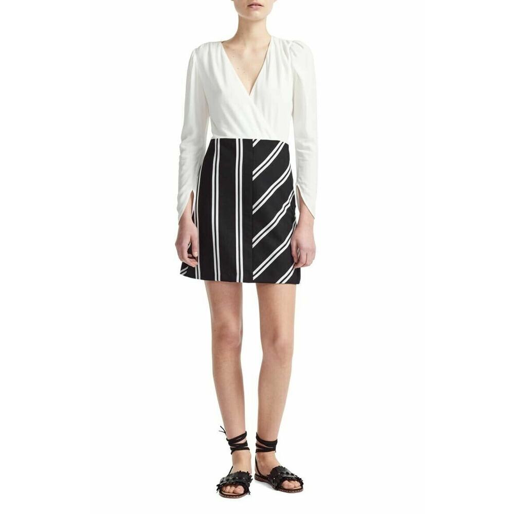 Maje Dress Rolim Stripe Skirt Crepe & Woven V-Neck Long Sleeve Fit & Flare‎ Sz 1
